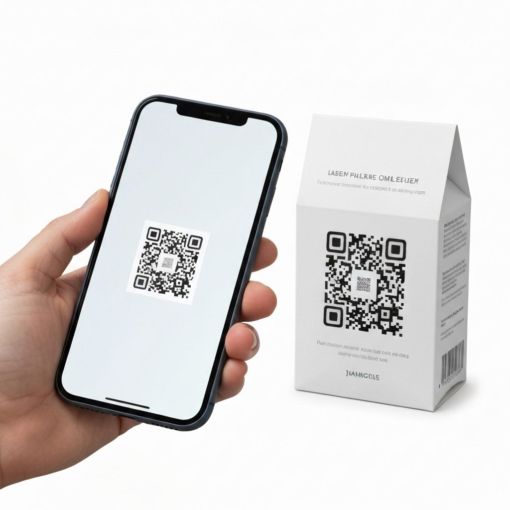 Hand scanning QR code on product with smartphone
